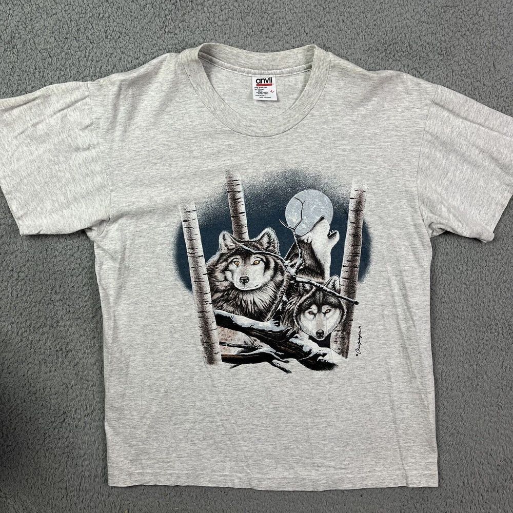 Vintage Wolf T Shirt Howling Wolves Shortsleeve Anvil 90s Size L
